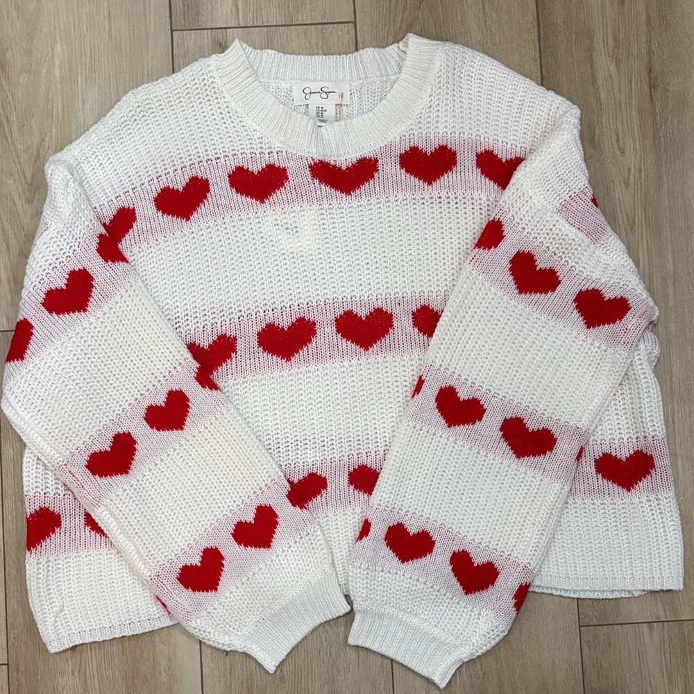 Cozy White and Red Heart Sweater